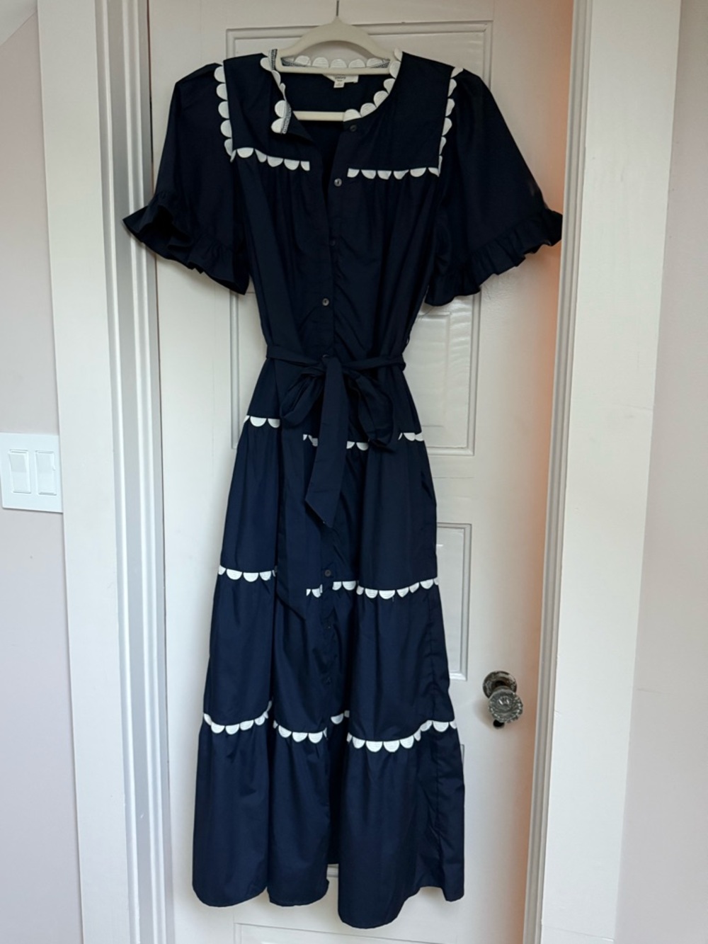 entro Navy Maxi Dress with White Scallop Trim